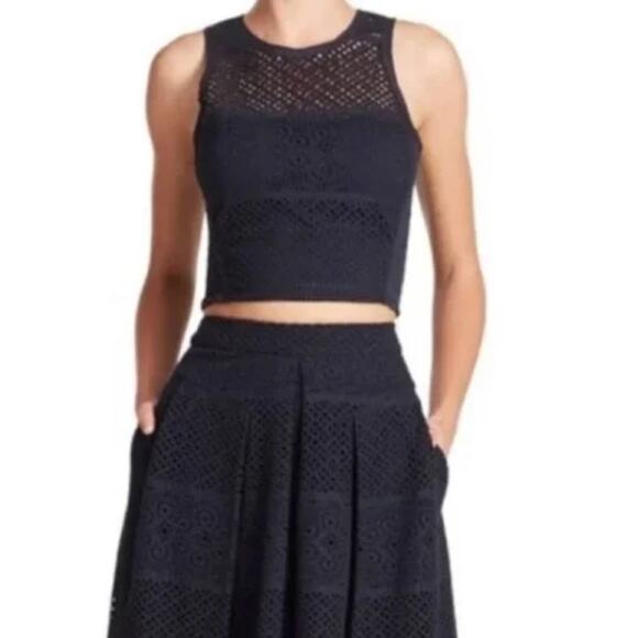 Rebecca Taylor Maise Sheer Smocked Eyelet Navy Blue Cropped Cotton Tank Top 10 - Picture 1 of 9